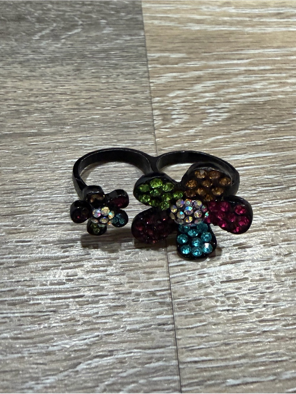 Double Flower Cocktail Ring with Multicolor Rhinestones